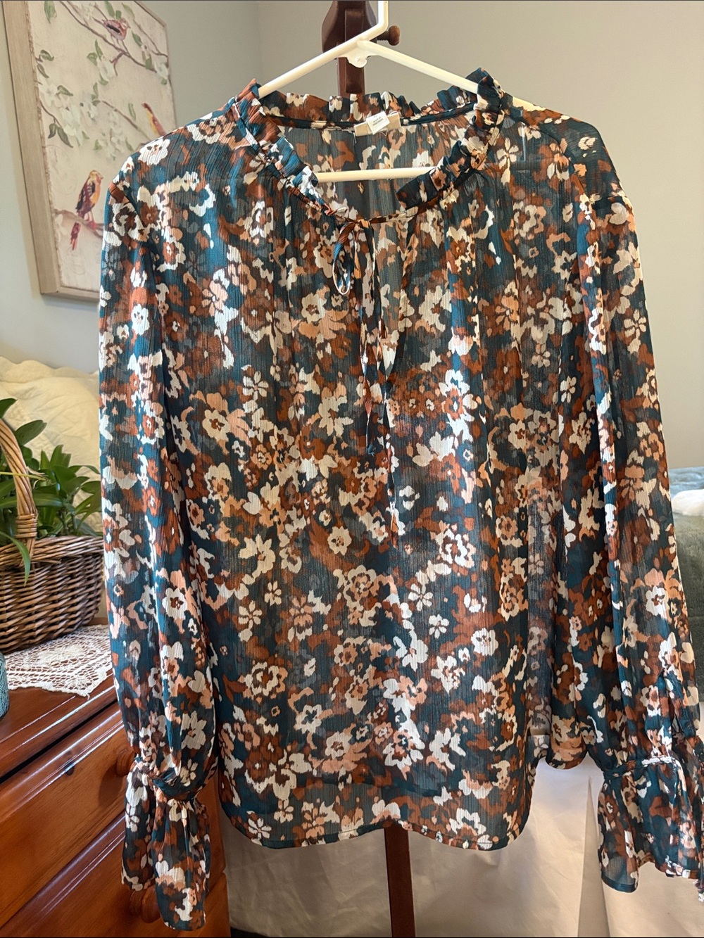 a.n.a Floral Tie-Front Blouse - Teal, Rust & Cream